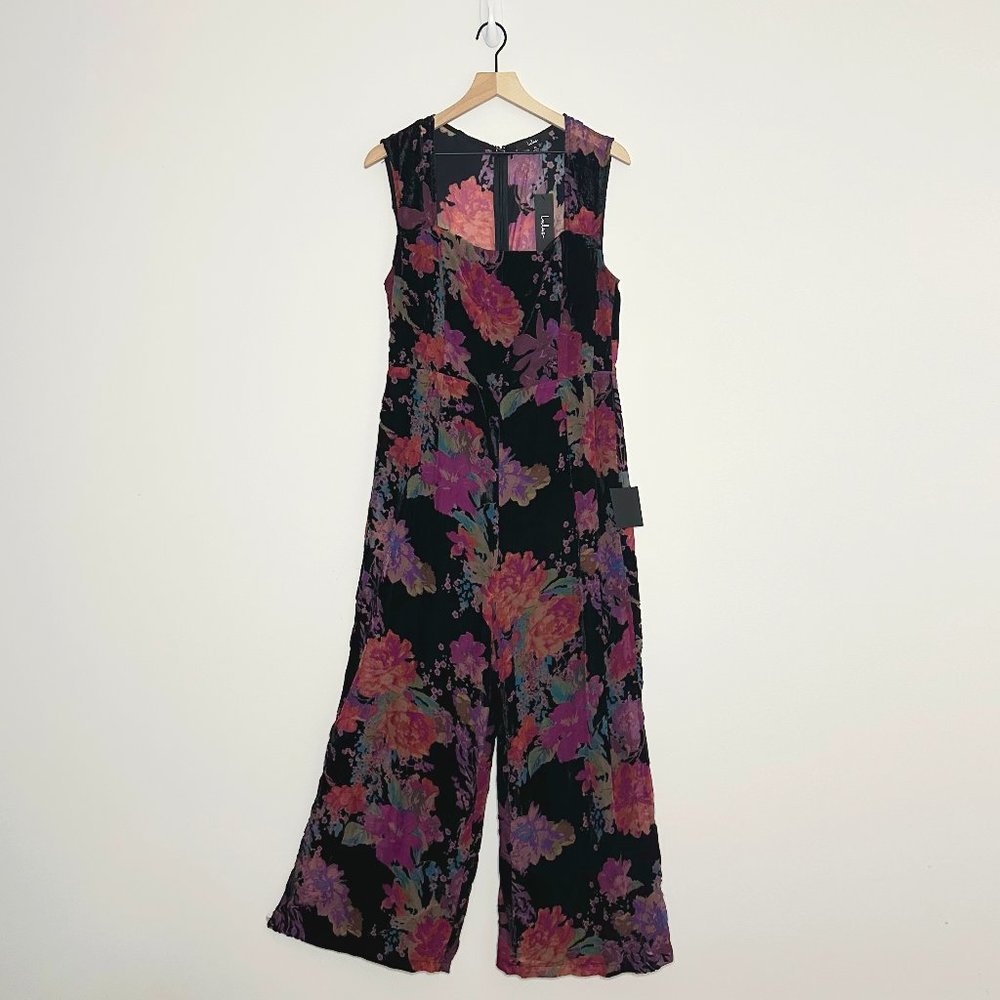 NWT Sleeveless Sheer and Velvet Floral Jumpsuit - XL